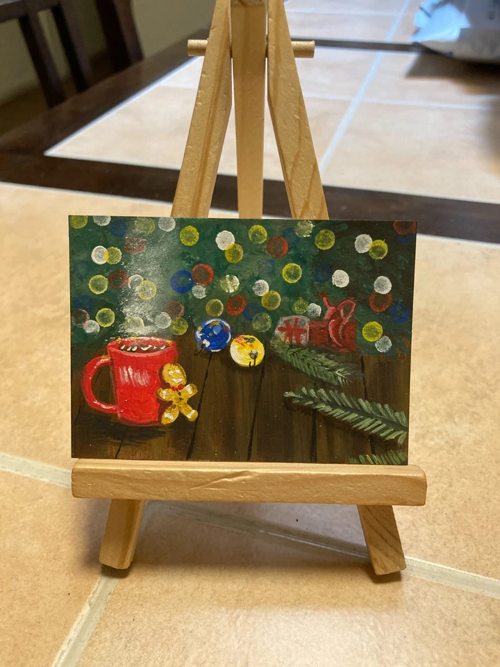 Tarjeta de arte de pintura ACEO original de medios mixtos ATC Lowbrow abstracto 37 Navidad Foto 1 de 1