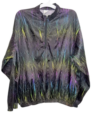 Vintage Surf Style Pullover Windbreaker Black Rainbow USA Made One Size Boxy 90s - Image 1 of 4