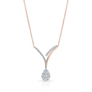 14k Rose White Gold Diamond Teardrop V Pendant Pear Necklace Round Cut Natural - Picture 1 of 3