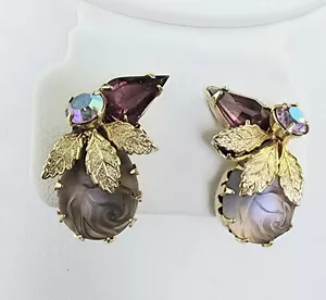 Orecchini Vintage JULIANA Viola Rosa Stampato Arte Vetro Strass Clip On Oro - Foto 1 di 6