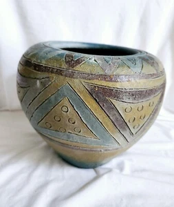 Vintage Clay Pottery Triangles Blue Purple Bowl Vase 8” Wide 4" Planter Decor - Picture 1 of 1
