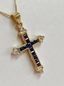 2Ct Princess Created Blue Sapphire Diamond Cross Pendant 14k Yellow Gold Finish - Picture 1 of 7