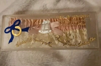 Vintage Wedding Garter Pink & White lace ribbon original Clear Plastic Box  - Image 1 of 4