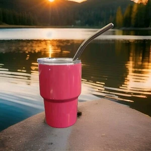 Mini Tumbler - Shot Glass With Straw and Lid, Stainless Steel - Pink Color - Picture 1 of 3