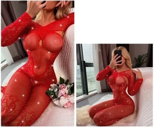 Medias bodystocking sin entrepierna de diamantes de imitación rojos lencería fetiche, T8507 - Imagen 1 de 7