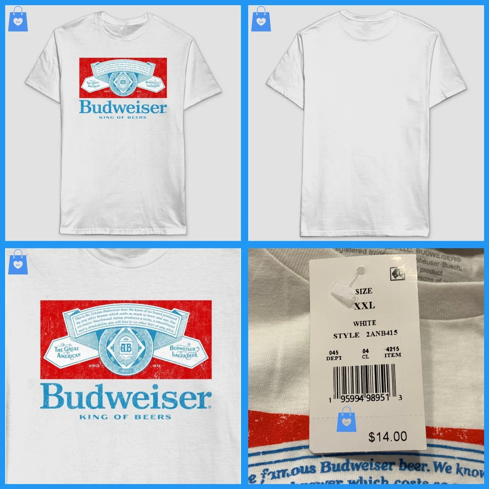 XXL - Mens Budweiser Short Sleeve Graphic T-Shirt - White