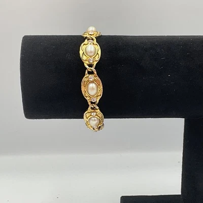 Brazalete de eslabones ovalados con diamantes de imitación de perlas tono dorado de 7 pulgadas Foto 1 de 4