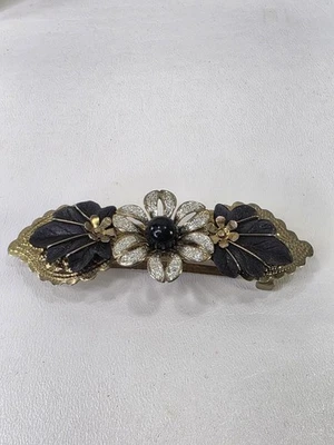Clip de pelo de resorte de flor de metal 3D tono plateado y negro accesorio Barrett de colección 3,75" Foto 1 de 4