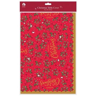 FESTIVE WONDERLAND Traditional Holly Christmas Table Cover Paper Cloth 1.6m Red Design Kids Party