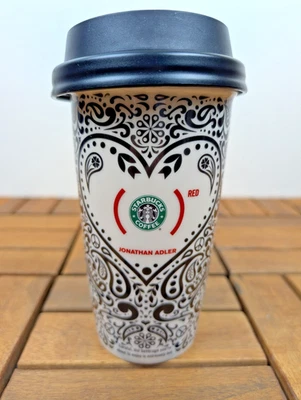 STARBUCKS 2010 Jonathan Adler Red Heart Black & White Paisley Tumbler w Lid 12oz - Image 1 of 4