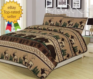 Bear Mountain 2-Piece Quilt Set Featuring Bear Elk Rustic Log Cabin Lodge - Picture 1 of 1