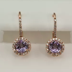 GEMSTONE AMETHYST & NATURAL DIAMOND HALO DESIGN EUROWIRE EARRINGS 14K ROSE GOLD - Picture 1 of 9