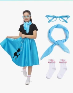 Poodle Skirt 4 PC Outfit Costume Cat Eye 50s Sock Hop Dance Scarf Kids 12-14 - Picture 1 of 15