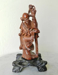 Antike chinesische 2-teilige Sandale Holzschnitzerei unsterblich mit Sockelständer geschnitzt - Bild 1 von 10