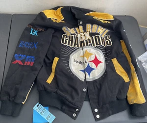Large Pittsburgh Steelers 6x NFL Super Bowl Champions Varsity Jacket EUC 6 Patch - Picture 1 of 20