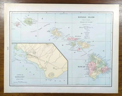 Mapa vintage de las islas hawaianas de 1898 14"x11" antiguo original HONOLULU OAHU HI Foto 1 de 4