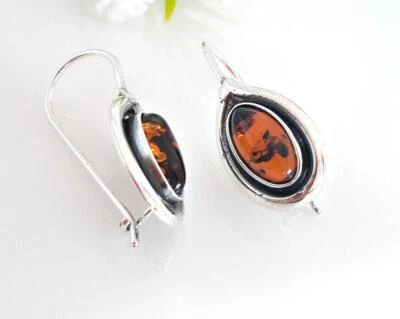 Bernstein Ohrhänger Silber 925 Ohrringe oval braun echt Sterlingsilber bj202 - Bild 1 von 4