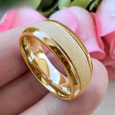 8MM Tungsten Carbide Ring for Men & Women Domed Groove  Wedding Ring Band - Image 1 of 4