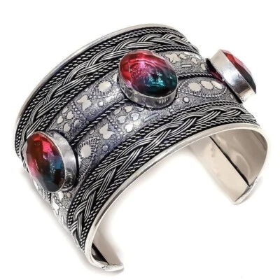 Bi-Color Tourmaline Gemstone 925 Sterling Silver Handmade Jewelry Cuff Adj. - Image 1 of 4
