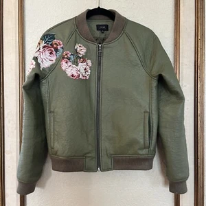 Joe's Olive Green Floral Embroidered Vegan Leather Bomber Jacket Women's Size XS - Picture 1 of 10