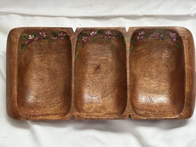 Handcrafted Monkey Pod Wood Carved Divided Serving Tray Dish Handpainted Flowers - Image 1 of 3