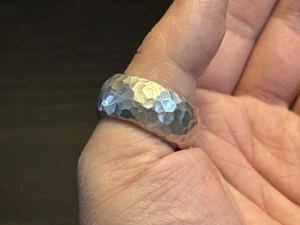 Solid Pure Fine Silver Mens Heavy Unique Thick Hammered Ring Size T 1/2 29g up - Picture 1 of 9