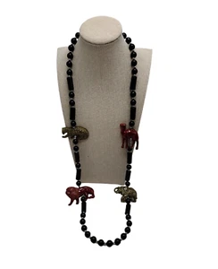 African Carved Animals Necklace Safari Jungle Hand Painted Black Beads 34" - Picture 1 of 9