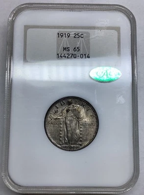 1919 25c Standing Liberty NGC  Fatty MS 65 CAC High Grade Beautiful Luster  - Image 1 of 4