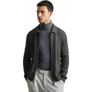 Reiss Winnie Cotton Wool Full Zip Cabled Jumper Mid Grey Melange Men’s XL - Bild 1 von 12
