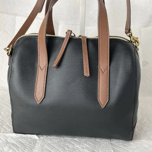 FOSSIL SYDNEY Crossbody Purse Black Tan & Coated Canvas Handbag Zip Top Vegan - Picture 1 of 13