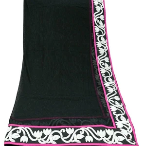 Indian Vintage Black Dupatta Net Mesh Long Stole Hand Embroidered Scarves Zari - Picture 1 of 20