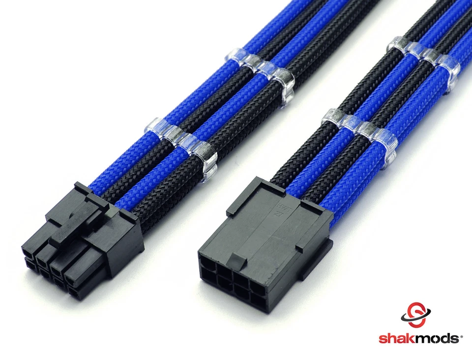8 Pin ATX CPU 30cm Extension Dark Blue Black Sleeved Shakmods + 2 Cable Combs - Image 1 of 1