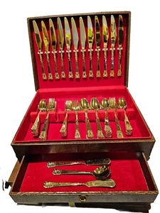 Vintage Lifetime Besteck Edelstahl 23K vergoldet 73-teiliges Set mit Box. Unbenutzt. - Bild 1 von 12