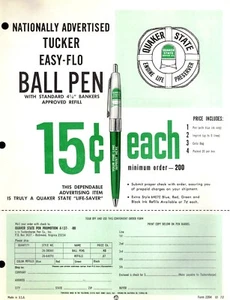 Vintage 1972 QUAKER STATE PEN MERCHANDISE Jobbers SELL SHEET ADVERTISING - Picture 1 of 6