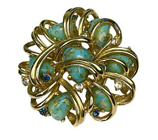 Brooch Vintage Swirl Rhinestone Accents Marcel Boucher Faux Turquoise Stones Pin