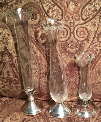 Vintage Etched Glass Bud Vases. Sterling Silver Base • 21.36$