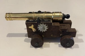 4.5” Miniature Solid Cast Brass Naval Cannon on Wooden Wagon with Wheels - Picture 1 of 13