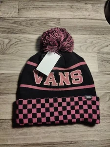 Vans Off The Wall Beanie dunkelrosa und schwarz Schachbrettmuster Spirit Bommelmütze - Bild 1 von 5
