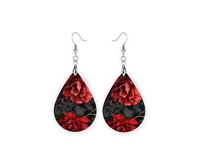Ruby Red and Black Floral Wood Dangle Teardrop Print Earrings Jewelry - Image 1 of 4