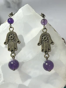 Amethyst Hand of Fatima Ohrringe, Amethyst Hansa Hände Ohrringe, Handarbeit - Bild 1 von 5