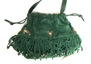 VTG L.J. Simone Bag Leather Drawstring Bucket Fringe Stone Boho Hippie Artisan - Picture 1 of 8