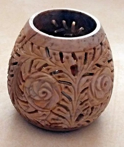 Vintage Carved Rose Pattern Leaves Candle Holder Votive Battery Chocolate Brown  - Picture 1 of 6