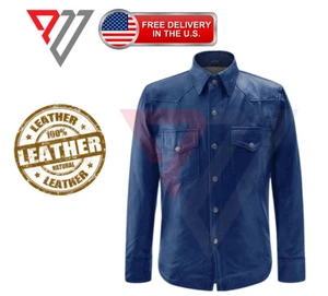 Men's Lambskin Soft Blue Leather Slim Fit Full Sleeve Biker Casual Button Shirt - Picture 1 of 3