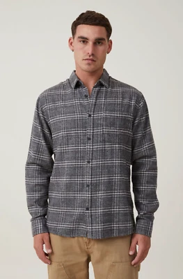 Camisa de manga larga Camden de algodón para hombre con botones gris texturizado a cuadros talla mediana Foto 1 de 4