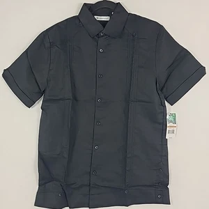 NWT Cubavera Men's Classic-Fit Linen Guayabera Short-Sleeved Black Shirt Size S - Picture 1 of 9