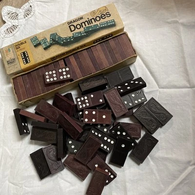 Dragon Dominoes Double Six Wooden 1970 Milton Bradley  4130 and 40 mix dragon - Image 1 of 4