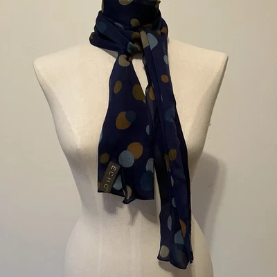 Bufanda de seda rectangular de colección Echo azul marino con lunares marrón 10 pulgadas X 54 pulgadas Foto 1 de 4
