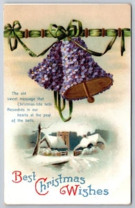 Clapsaddle Christmas~Swinging Violets Flower Bells Over Small Village~Gold~1912 - Picture 1 of 2
