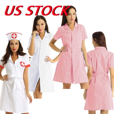Women Nurse Dress Uniform Lapel Collar Hospital Work Scrubs Lab Coat Workwear - Image 1 of 2