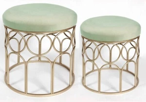Handmade velvet round ottomans with metal gold base in sage green - Picture 1 of 17